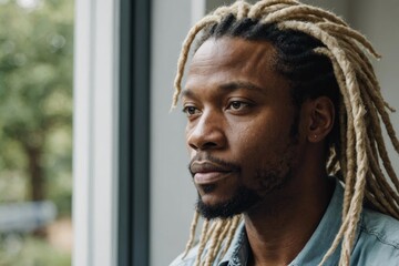 Thoughtful albino African American man with dreadlocks looking out the window - Powered by Adobe