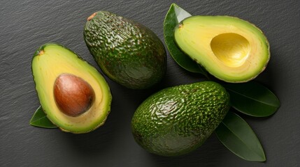 Elegant display of avocados in a top view setup, demonstrating their appeal for a healthy diet, isolated on a neutral background, precise studio lighting