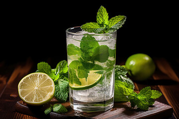 Cold refreshing mojito with lime and mint in  glass