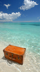 A wooden trunk is sitting in the water on a beach. The scene is peaceful and serene