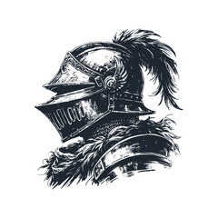The knight helmet. Black white vector illustration.