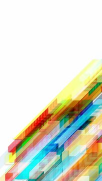 Geometric background loop. Colorful lines, chevrons, arrows in diagonal motion with white copy space at top. Vertical format.