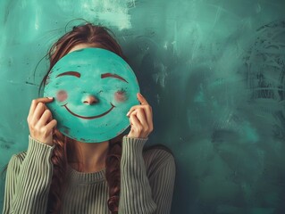 Playful Woman Wearing Whimsical Green Face Mask to Lighten the Mood with Creativity and Humor - obrazy, fototapety, plakaty