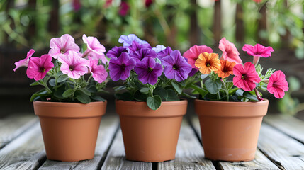 Summer flowers in a garden ,Vibrant Potted Garden Blooms ,Beautiful petunia flowers in plant pots outdoors

