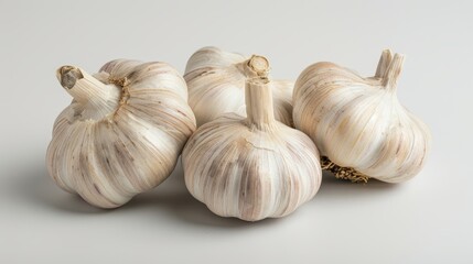 Obraz premium Educational image of garlic bulbs highlighting allicin content, isolated on white, showcasing immune and heart health benefits, studio lighting