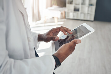 Hands, doctor and tablet for research in office, telehealth and online for healthcare, work and clinic. Workplace, hospital and internet for technology, person and science for wellness by staff