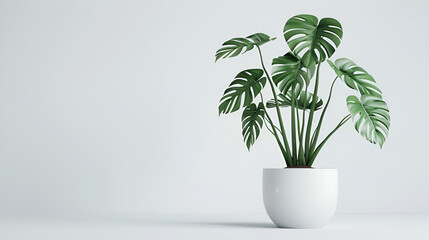 Obraz premium clean image of a large leaf house plant Monstera deliciosa in a gray pot on a white background ,Beautiful monstera flower in a white pot.