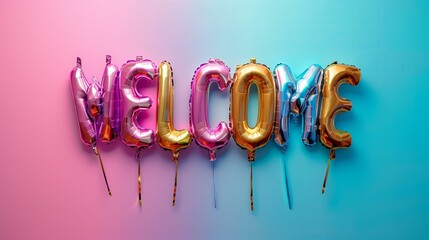 holographic foil balloons text "WELCOME" on a vibrant candy color gradient background