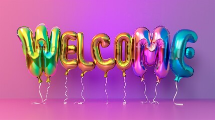 holographic foil balloons text "WELCOME" on a vibrant candy color gradient background