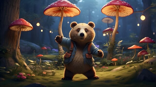 "An English bear, animated and jovial, performs an intricate dance routine amidst a whimsical forest setting. The bear's movements are dynamic, with exaggerated gestures and expressions, conveying a s