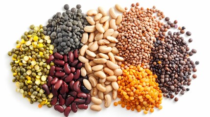 Dynamic top view of a variety of legumes, each a source of protein and fiber, showcased on an isolated white background, studio lighting