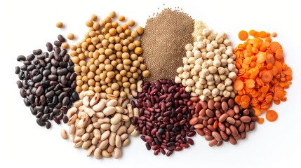 Dynamic top view of a variety of legumes, each a source of protein and fiber, showcased on an isolated white background, studio lighting