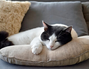 Close-up of a white and black cat napping on gray couch in a modern living room 