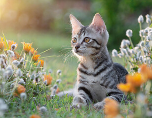 Young tabby cat relaxing in the garden near plants in bloom on a blurred background