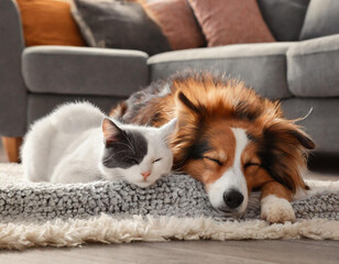 Collie dog and white and gray cat napping on gray carpet near gray couch in modern room 