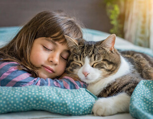 Close-up of young girl with brown hair and a striped brown and white cat sweetly sleep in her bed