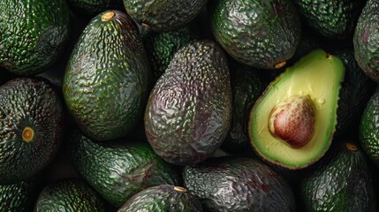 Detailed top view of ripe avocados, focusing on the textures and natural sheen, packed with vitamins and healthy fats, against an isolated background