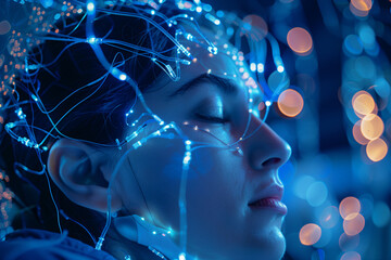 engaging shot depicting the intricacies of brainwave monitoring, with electrodes securely attached to a person's head, demonstrating the advancements in neuroscience and brain imag - obrazy, fototapety, plakaty