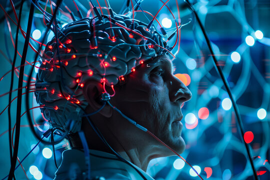 professional shot illustrating the precision of brainwave monitoring, with electrodes carefully positioned on a subject's scalp, providing valuable data for cognitive research and