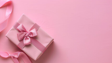 A pink box with a bow on top sits on a pink background. The box is wrapped in pink ribbon and he is a gift