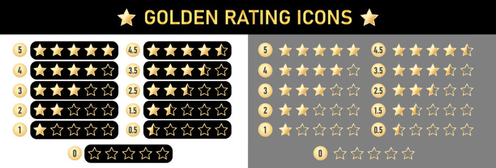 Gold luxury shiny icons. Product rating or customer review with gold stars and half star flat vector icons for apps and websites. Vector graphics