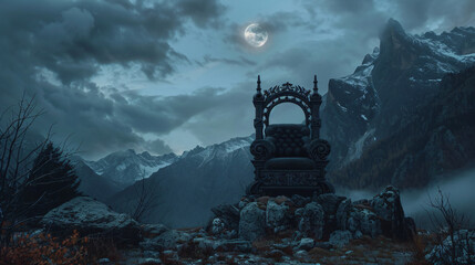 Black gothic throne against the dark rocky mountains 