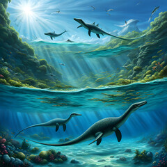 Plesiosaurs living in water, ai-generatet