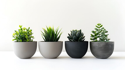 Green, red and pink succulent plants and green cactus in modern geometric cement planters on white wood shelf on white background with copy space