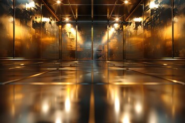 Empty room with glossy reflection walls, floor and ceiling, abstract golden background. Generative...
