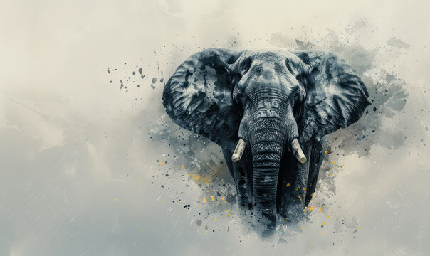 monochrome sumatran elephant portrait with golden splash highlights for wildlife conservation effort, endangered species animal