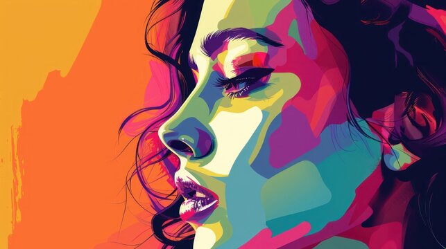 WPAP art style illustration design of a woman's face seen from the side, big close up view. Colorful modern design art.