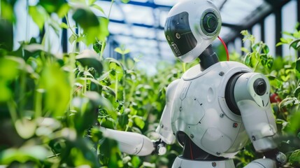 The robot examines the plants in the greenhouse
