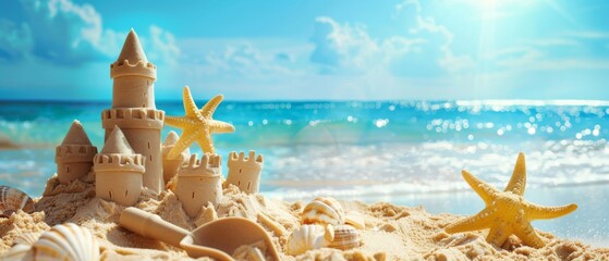 Landscape summer vacation holiday travel ocean sea background panorama - Close up of sand castle and sand shovel on the beach, sunshine - Powered by Adobe