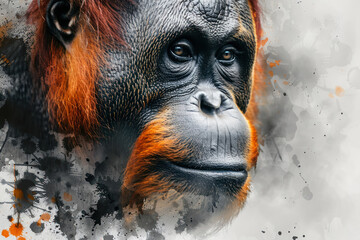 intimate sumatran orangutan face with vibrant orange fur and paint splatter effect for endangered species awareness - obrazy, fototapety, plakaty