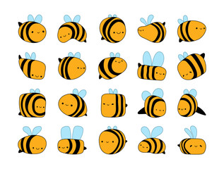 Cute cartoon bee characters. Honeybee with a smiling face. Hand drawn style. Vector drawing. Collection of design elements.