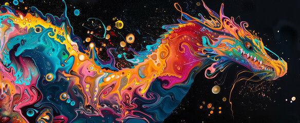 Colorful psychedelic neon painting of melting dragon,black backg