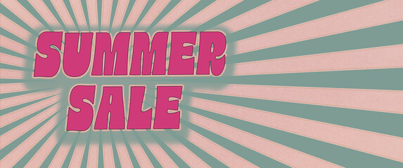 Letnia wyprzedaż, summer sale,  - baner w stylu lat 70-tych. Vintage, retro. Brudny róż, promienie, pasy, kontrast. Miejsce na tekst. © YOUR SHOT
