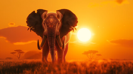 elephant in sunset - obrazy, fototapety, plakaty