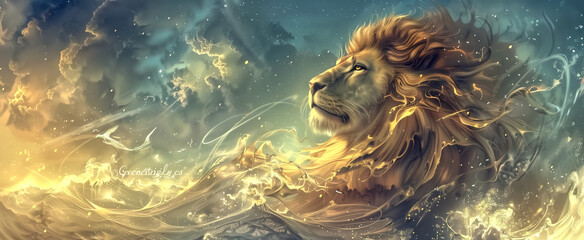 fantasy magic lion with natural background - obrazy, fototapety, plakaty