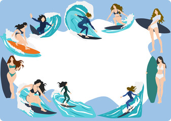サーフィンをする女性のフレームイラスト