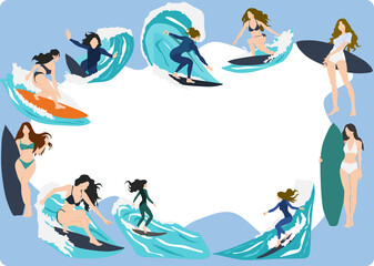 サーフィンをする女性のフレームイラスト