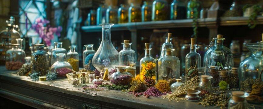 The Potion Masters workspace is a chaotic mess of jars vials and dried herbs each containing a key ingredient in their latest concoction. . .