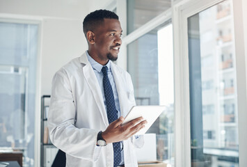 Smile, doctor and black man with tablet, office and telehealth in clinic, web and online for...