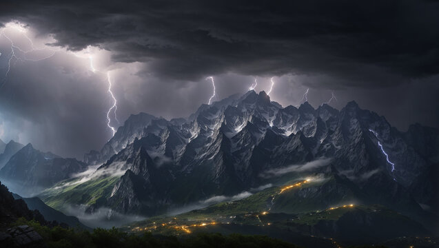 A dark and stormy night. Lightning strikes over a mountain range. There is a village in the valley below.

