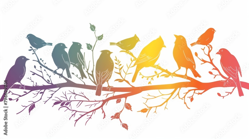 Poster a colorful design featuring various species of birds perched on branches with the phrase wings of ch