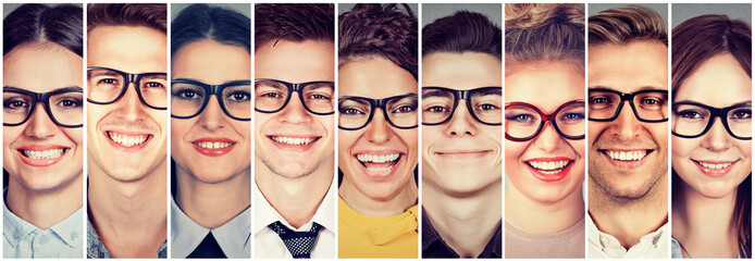 Multiethnic group of happy people in glasses men and women