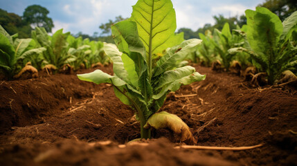 Plantation with young tobacco leaves. Growing plants for the production of cigarettes and cigars