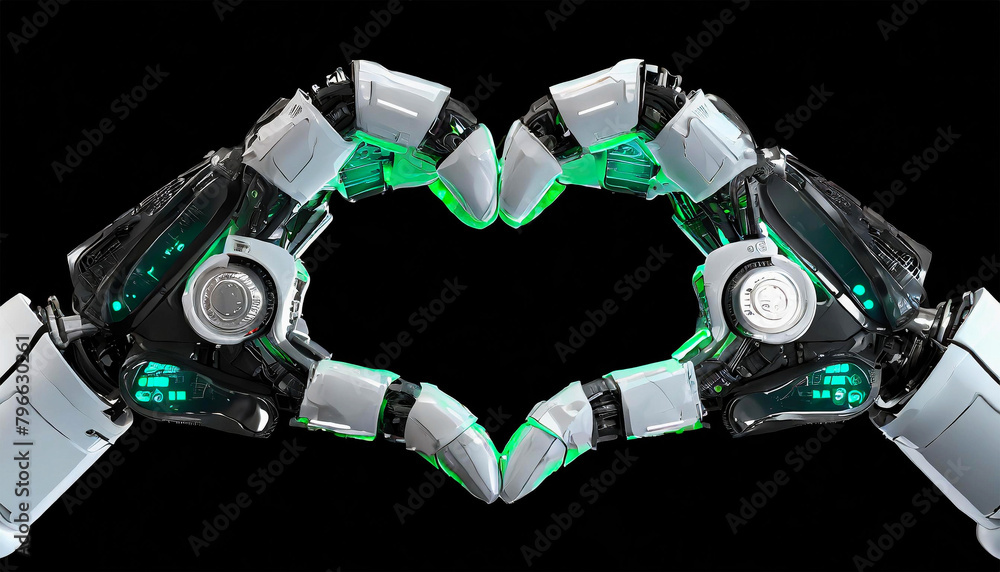 Poster close-up of a humanoid robot hands in the form of heart (heart shape), isolated on black background 