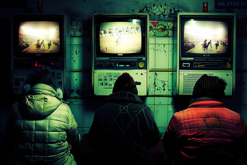People watching horse racing and horse riding and sports betting statistics. Retro vintage vision. Betting house. Generative AI.