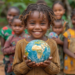 International day of peace concept with African Children holding earth globe. Group of African...